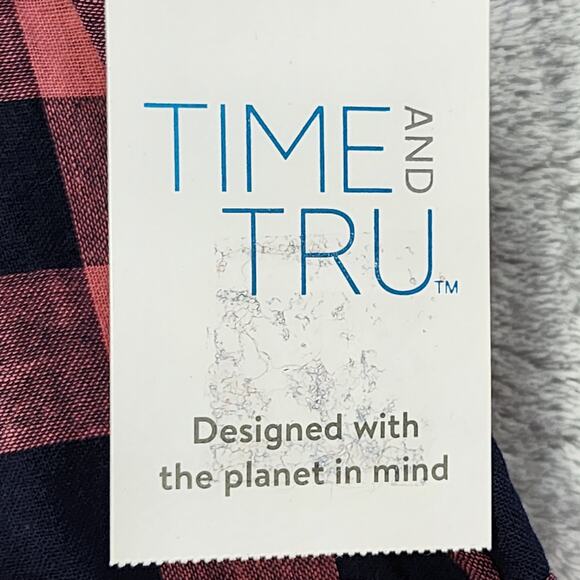 NEW Time and Tru Top Womens M Blue Pink Button Down 3/4 Puff Sleeves Peasant - Picture 3 of 9